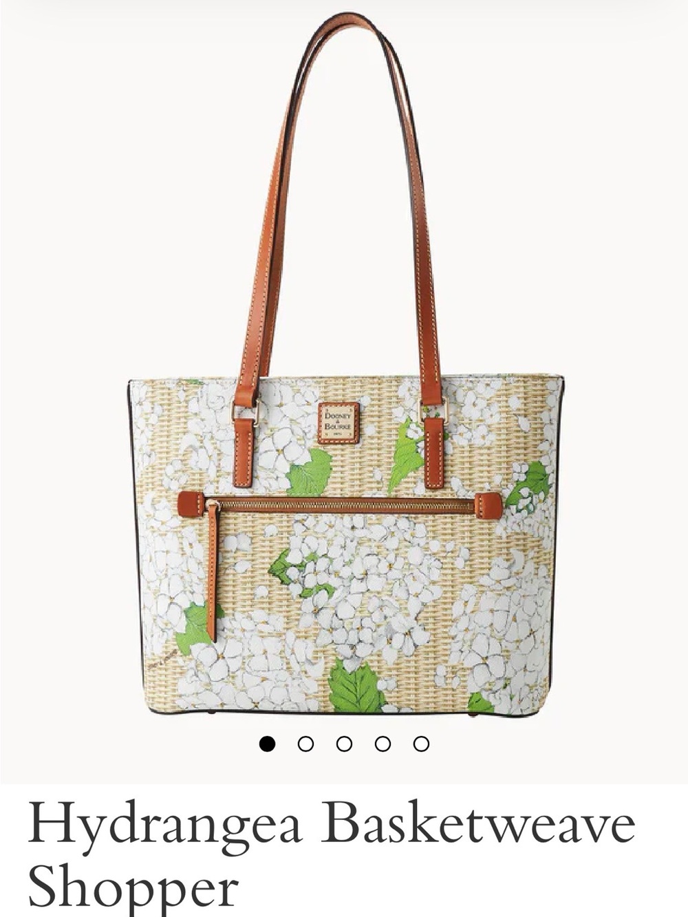 Dooney & Bourke Pink Hydrangea Basketweave Tote with Tan Straps